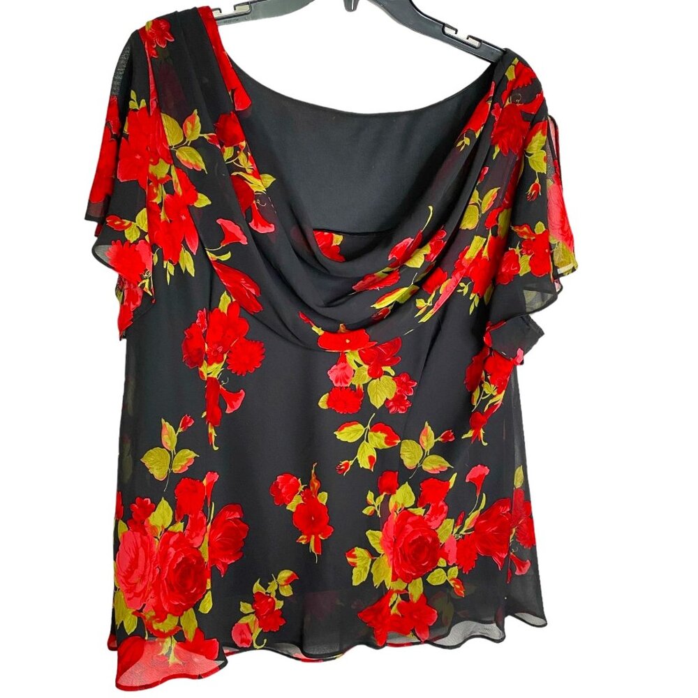 Studio 1 Black Floral Print Chiffon Top Size 22W Dark Fairy Goth Witchy Romantic